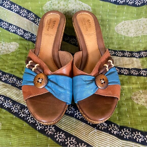 Spring Step Blue and Brown Leather Boho Wedge Heels Size 9 - Picture 2 of 14